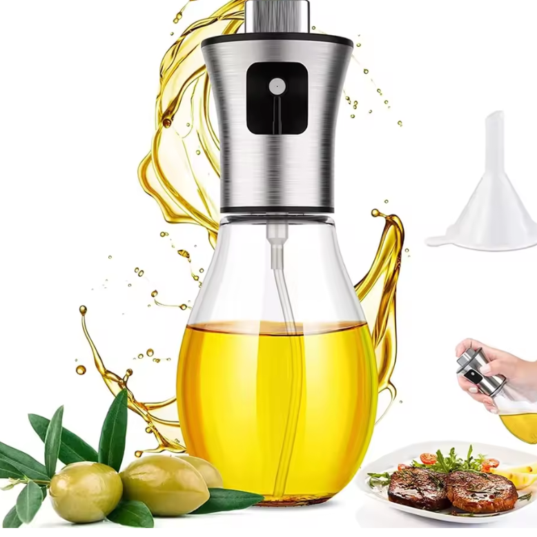 Premium Glass Oil Sprayer – Stainless Steel Mist Bottle with Funnel