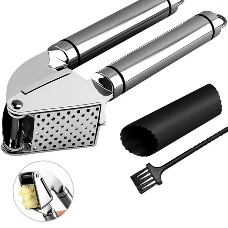 Stainless Steel Garlic Press Kit – Rust-Proof Mincer with Silicone Roller Peeler