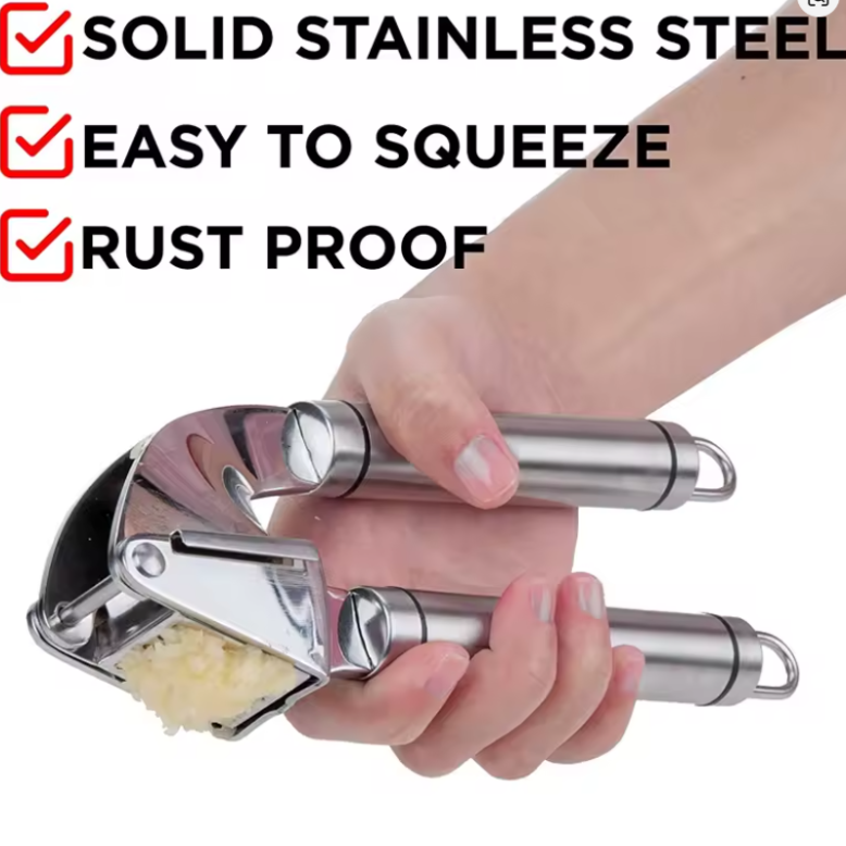 Stainless Steel Garlic Press Kit – Rust-Proof Mincer with Silicone Roller Peeler